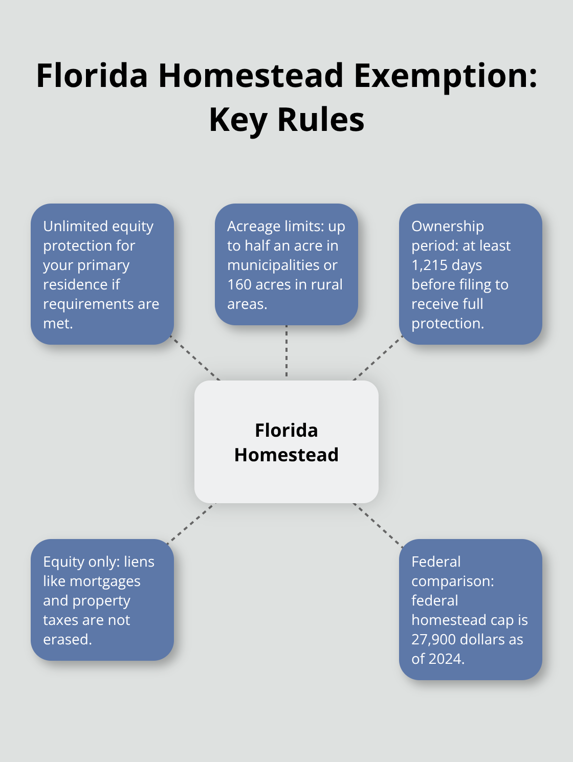 Hub-and-spoke visualization of Florida homestead exemption essentials