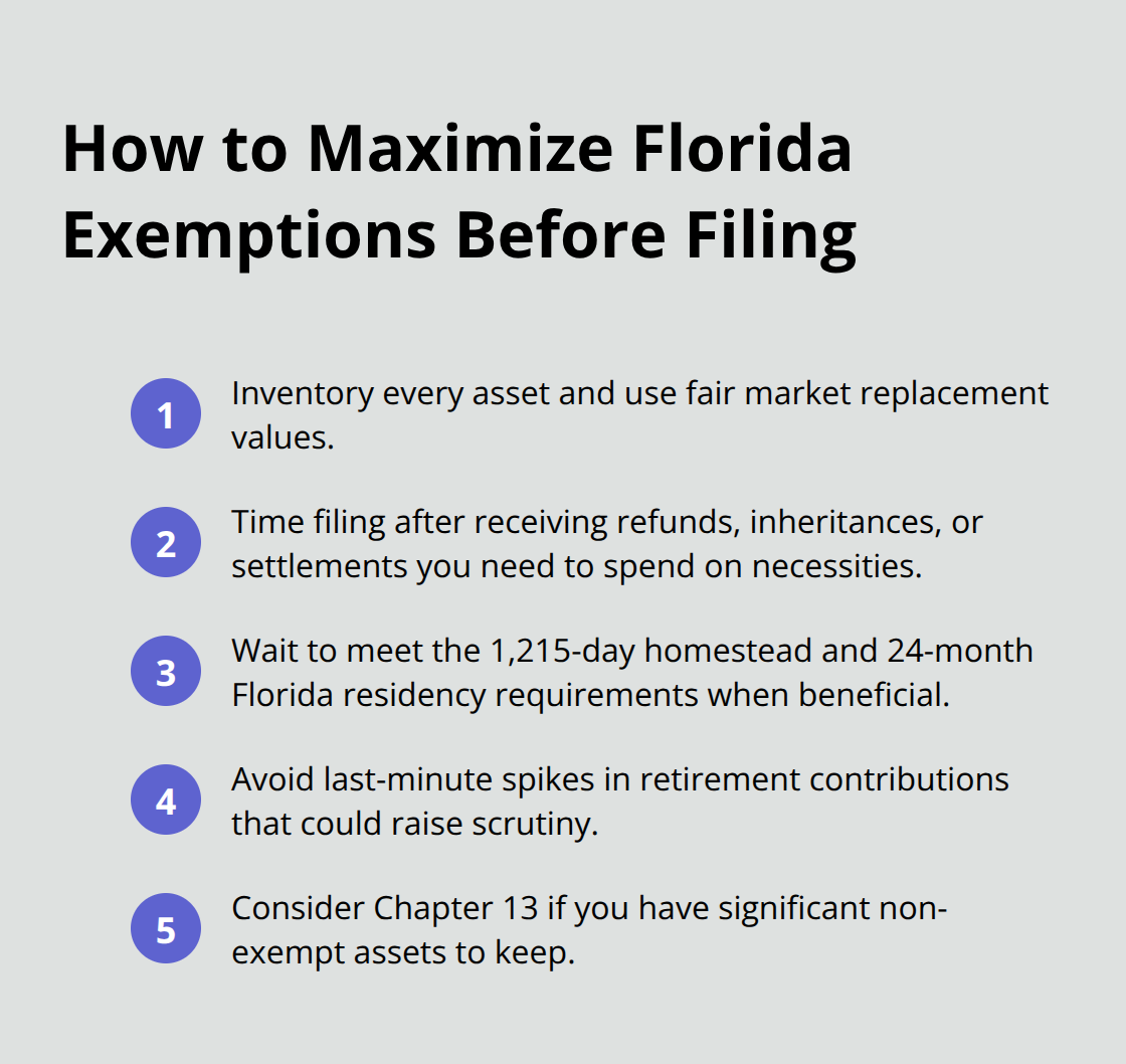 Compact list of steps to maximize Florida Chapter 7 exemptions before filing - Florida Chapter Seven exemptions