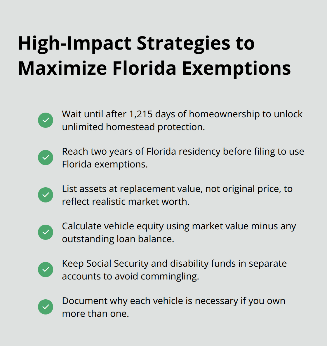 Checklist of actionable steps to protect assets in a Florida Chapter 7 filing. - Florida exemptions Chapter 7