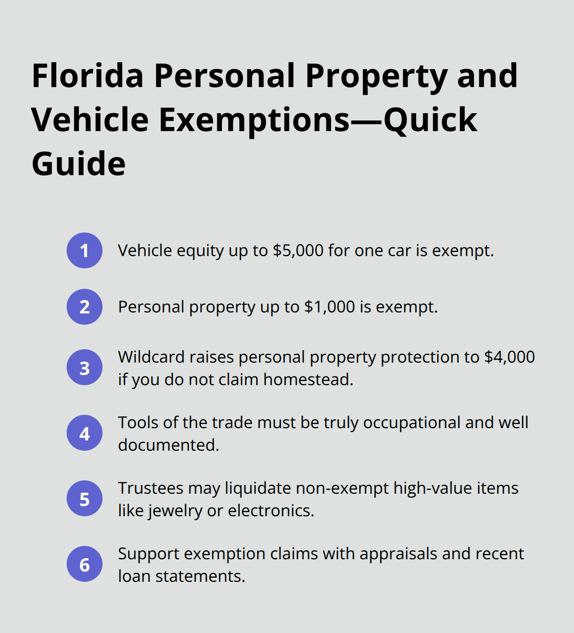 Compact list of key Florida Chapter 7 personal property and vehicle exemptions - Florida exemptions Chapter Seven