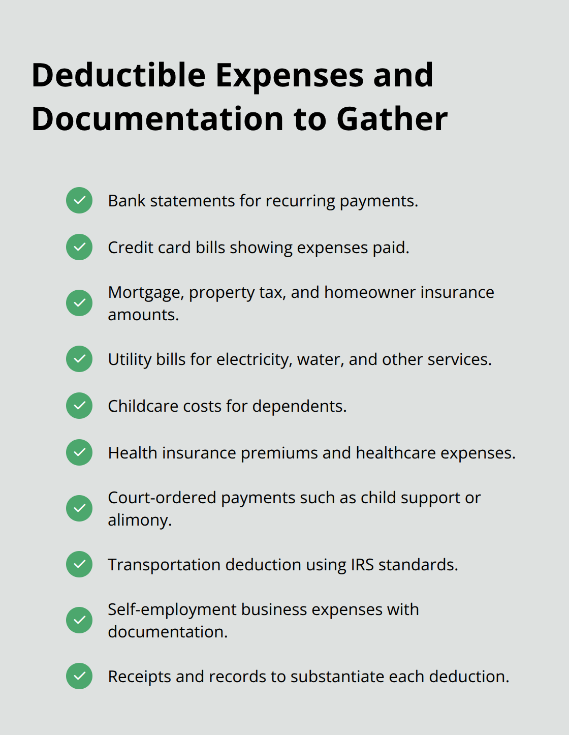 Checklist of common deductible expenses and records for the Florida means test - Florida means test guidance