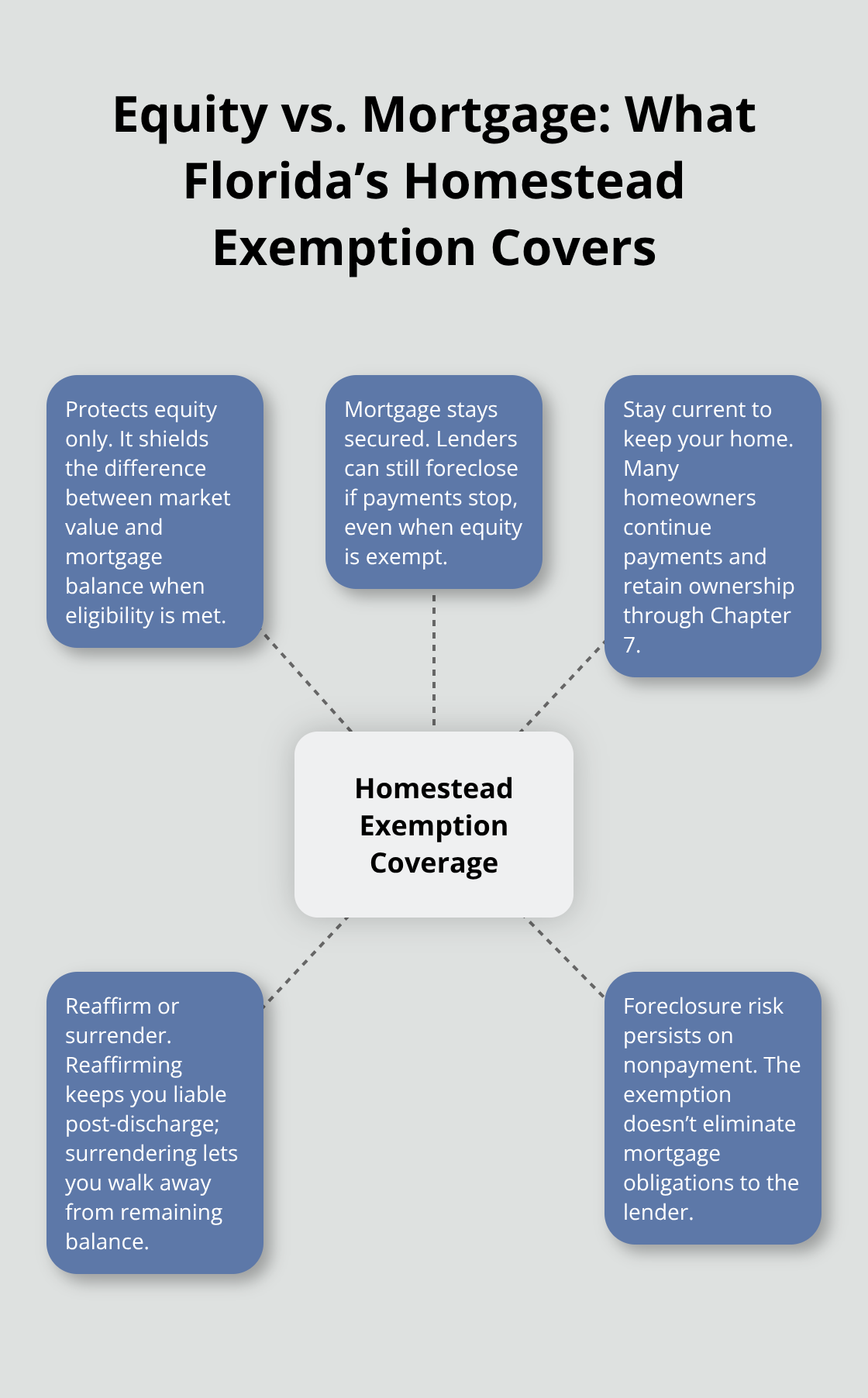 Visual explaining that the Florida homestead exemption protects equity, not the mortgage, plus homeowner options in Chapter 7. - Homestead exemption Chapter Seven