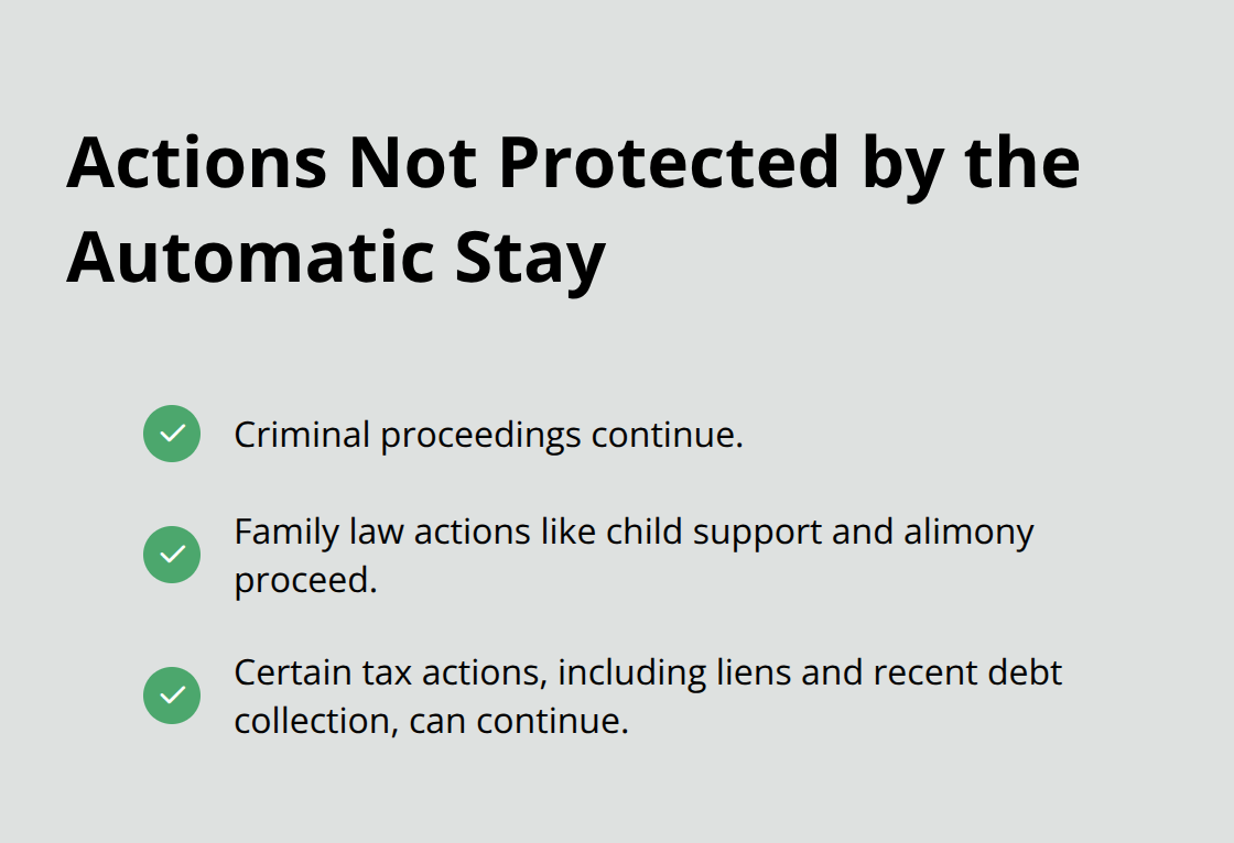 Three categories that continue despite a Chapter 7 filing. - House stay after filing