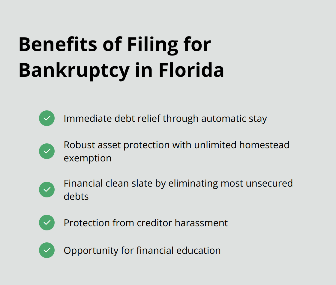 Chart listing five key benefits of filing for bankruptcy in Florida: immediate debt relief, robust asset protection, financial clean slate, protection from creditor harassment, and opportunity for financial education