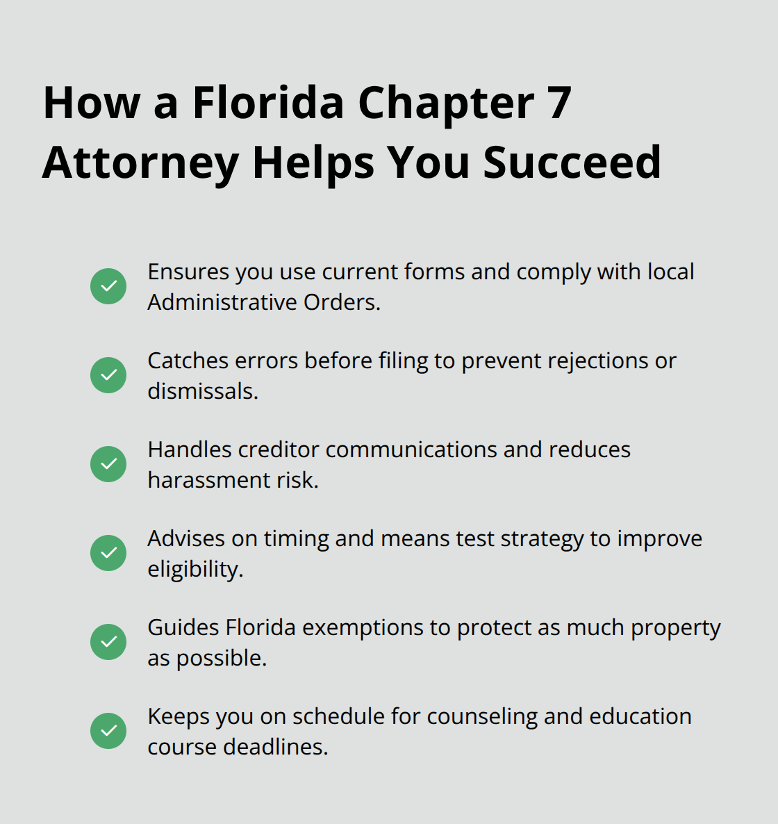 Checkmark list of benefits an attorney provides in a Florida Chapter 7 case - how hard is it to file chapter 7 bankruptcy