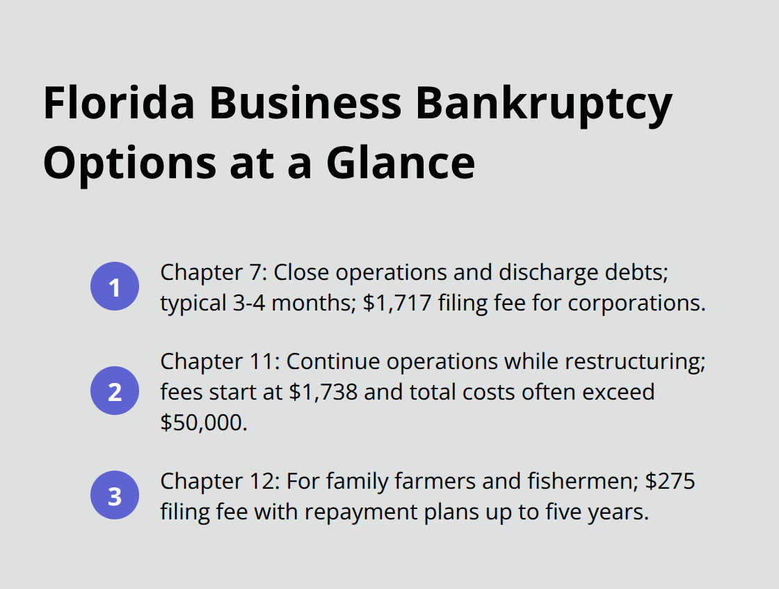 Quick comparison of Chapter 7, Chapter 11, and Chapter 12 business bankruptcy options in Florida. - how to file bankruptcy for a business