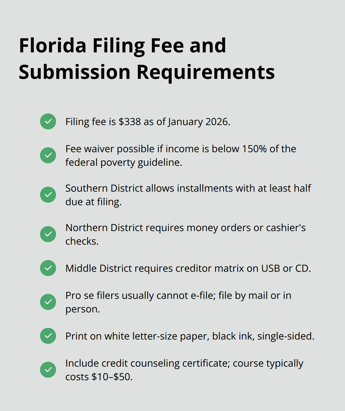 Filing logistics and costs for Chapter 7 in Florida courts - how to file chapter 7 bankruptcy without an attorney