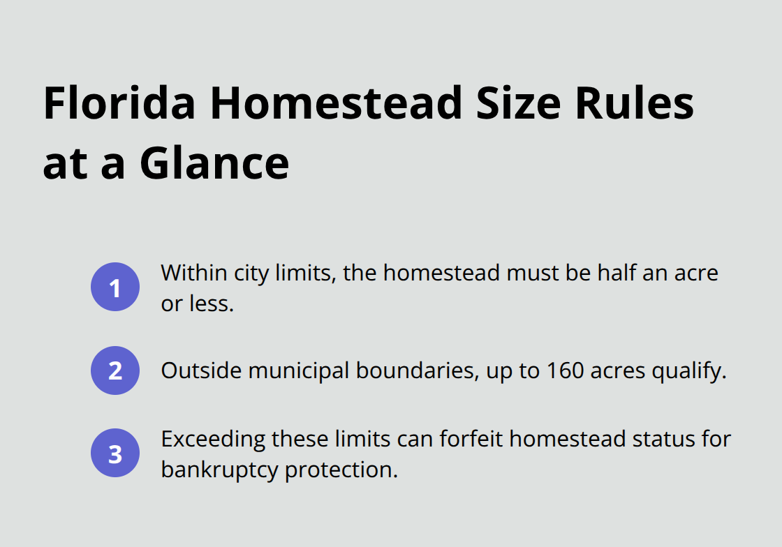 Key acreage limits for Floridas homestead exemption within and outside city limits.