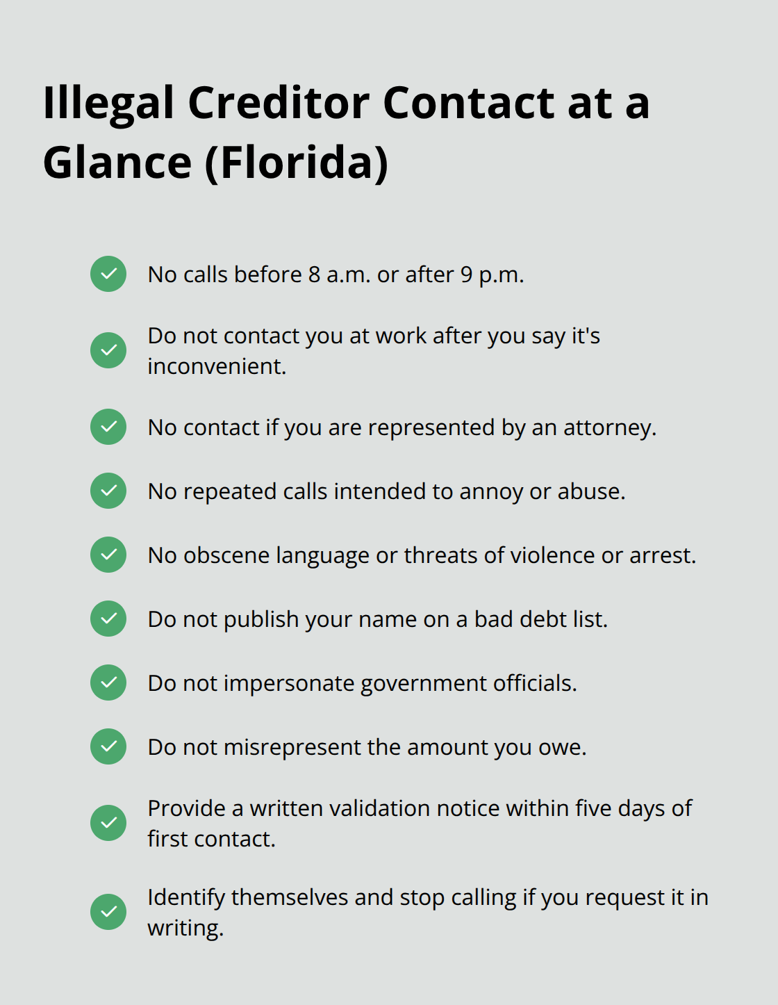 Quick list of prohibited creditor actions under Florida and federal law - Chapter 7 creditor harassment
