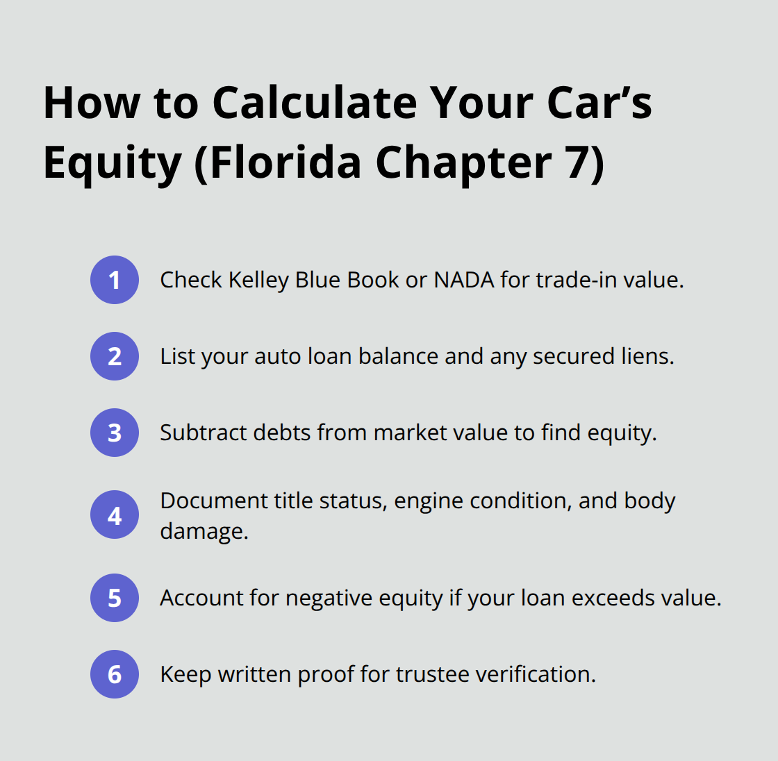 Step-by-step checklist to calculate vehicle equity accurately before filing Chapter 7 in Florida. - Keep car Chapter 7