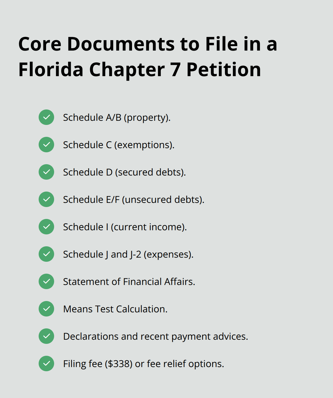 Checklist of essential Chapter 7 forms, declarations, and fees for Florida filers. - Process overview Florida bankruptcy