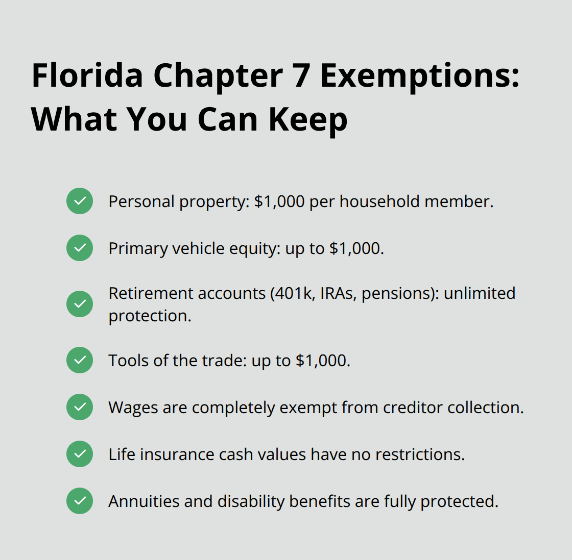 Checkmark list of common Florida Chapter 7 property exemptions. - qualification for chapter 7 bankruptcy