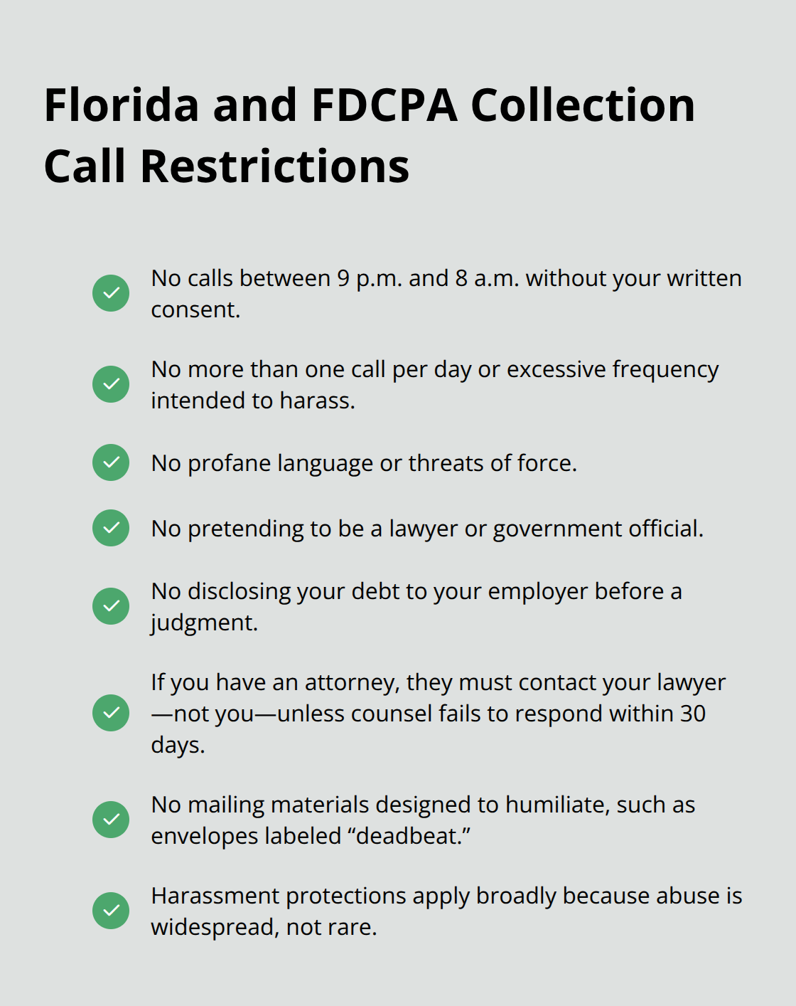 Checklist of key Florida and federal rules limiting debt collection calls