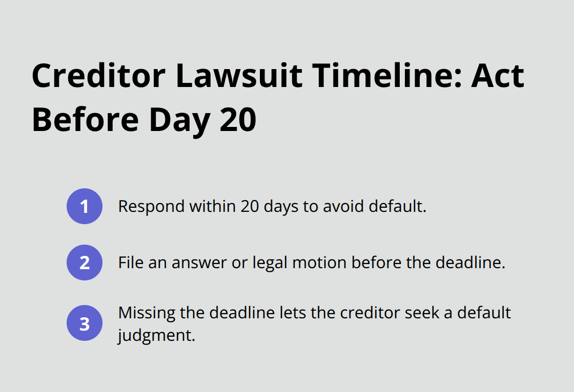 Three key steps in a Florida creditor lawsuit timeline highlighting the 20-day response window and default judgment risk. - Stop creditor lawsuits Florida