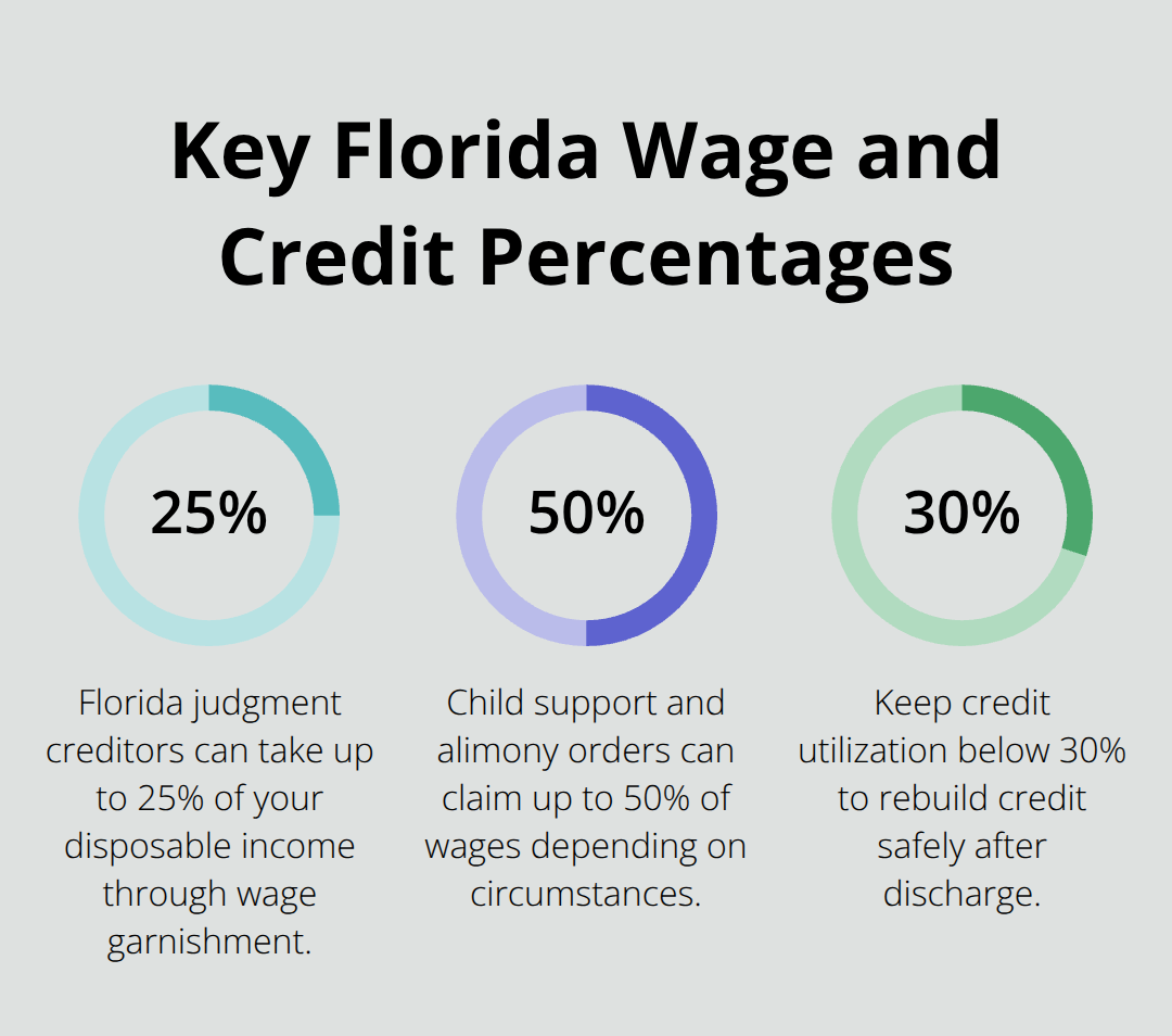 Infographic showing 25% Florida wage garnishment cap, 50% support order withholding, and 30% credit utilization guidance.