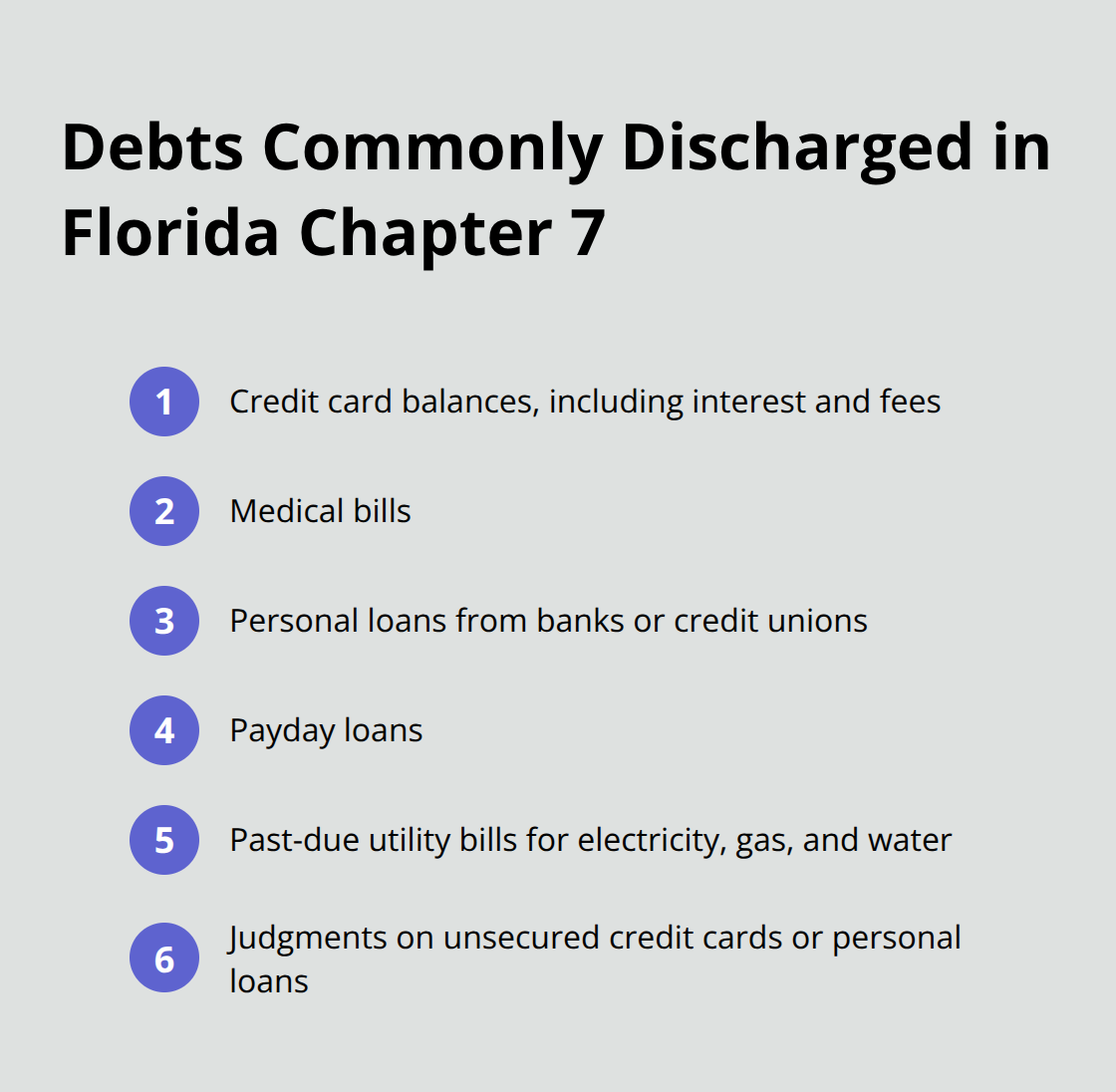 List of debts typically eliminated in a Florida Chapter 7 bankruptcy