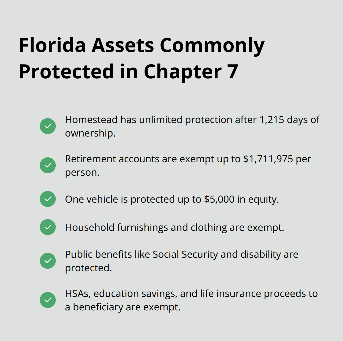 Checkmark list of Florida bankruptcy exemptions typically protecting major assets - why file bankruptcy chapter 7