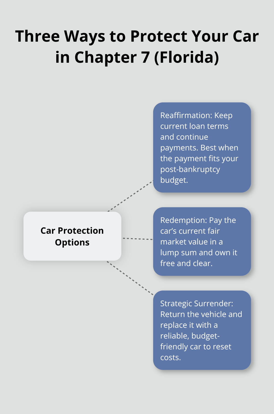 Hub-and-spoke showing reaffirmation, redemption, and strategic surrender options for Florida Chapter 7 cases. - will i lose my car if i file bankruptcy